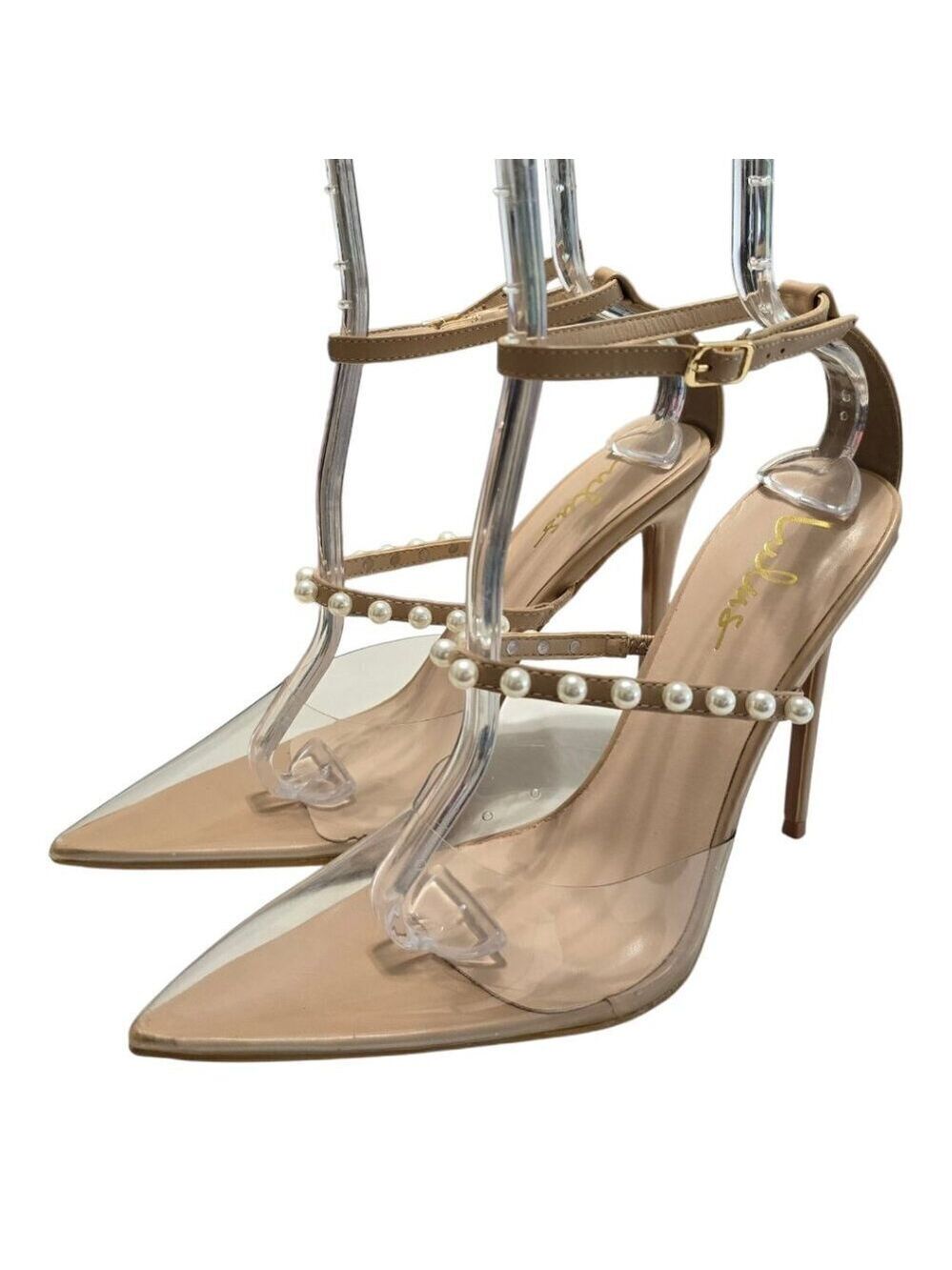 Lulus Pearsie Light Nude Vinyl Pearl Studded Ankle Strap Pumps Sz 10